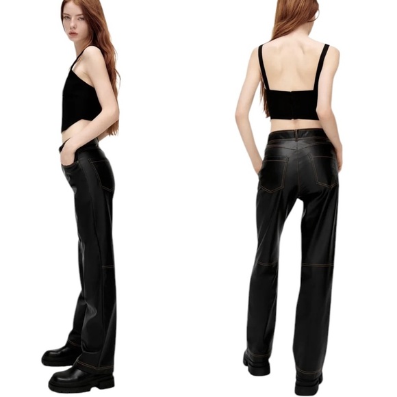 NWT ZARA Pants Faux Leather Vegan Straight Leg Contrast Stitching Black Size M - Picture 3 of 16